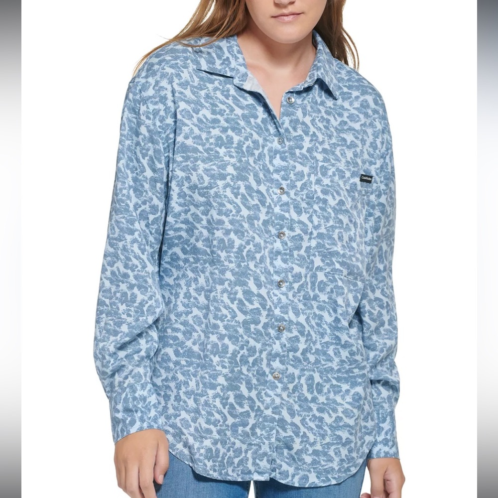NWOT Calvin Klein Jeans Blue Animal Boyfriend Button Up Shirt Long Sleeve 2X